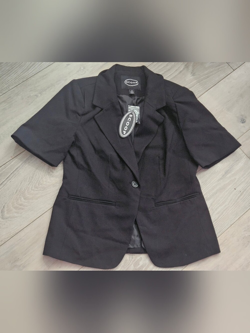 NWT Scoop Women's SLVS Boxy Blazer Black Short Sleeve Suit Jacket Size M 8-10
